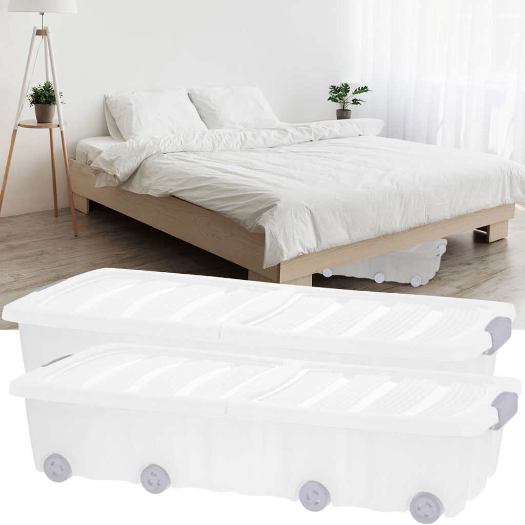 2er-Set Unterbett-Box mit Rollen, 77 x 37 x 17cm, transparent