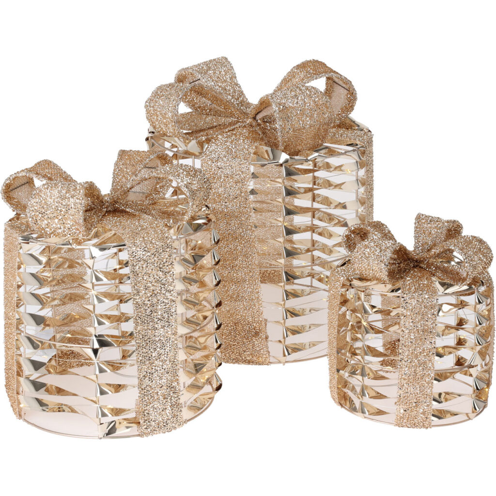 LED-Geschenke, 3 Stück, Goldfarben, warmweiss, 15/20/25 cm, mit Timer