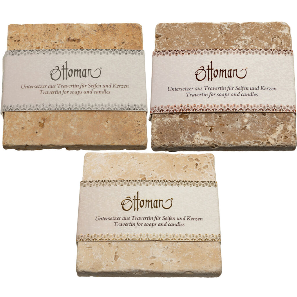 3er Set Seifenablagen aus Travertin, quadratisch, 3 Farbkombinationen, 10 x 10 cm