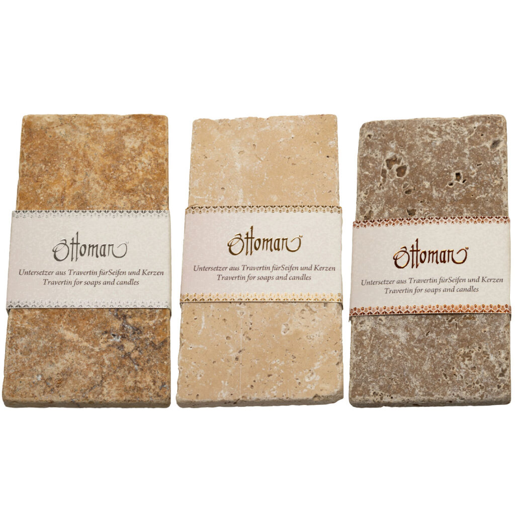 3er Set Seifenablagen aus Travertin, rechteckig, 3 Farbkombinationen, 14,5 x 7 cm