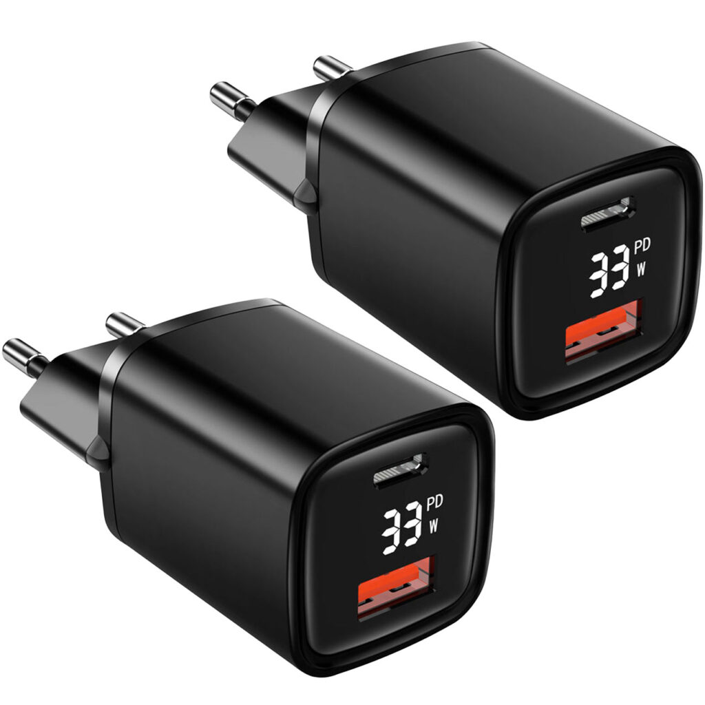 2er-Set Ladegerät, Lade Adapter, Dual Port, USB-C und USB-A, Schnellladegerät, schwarz