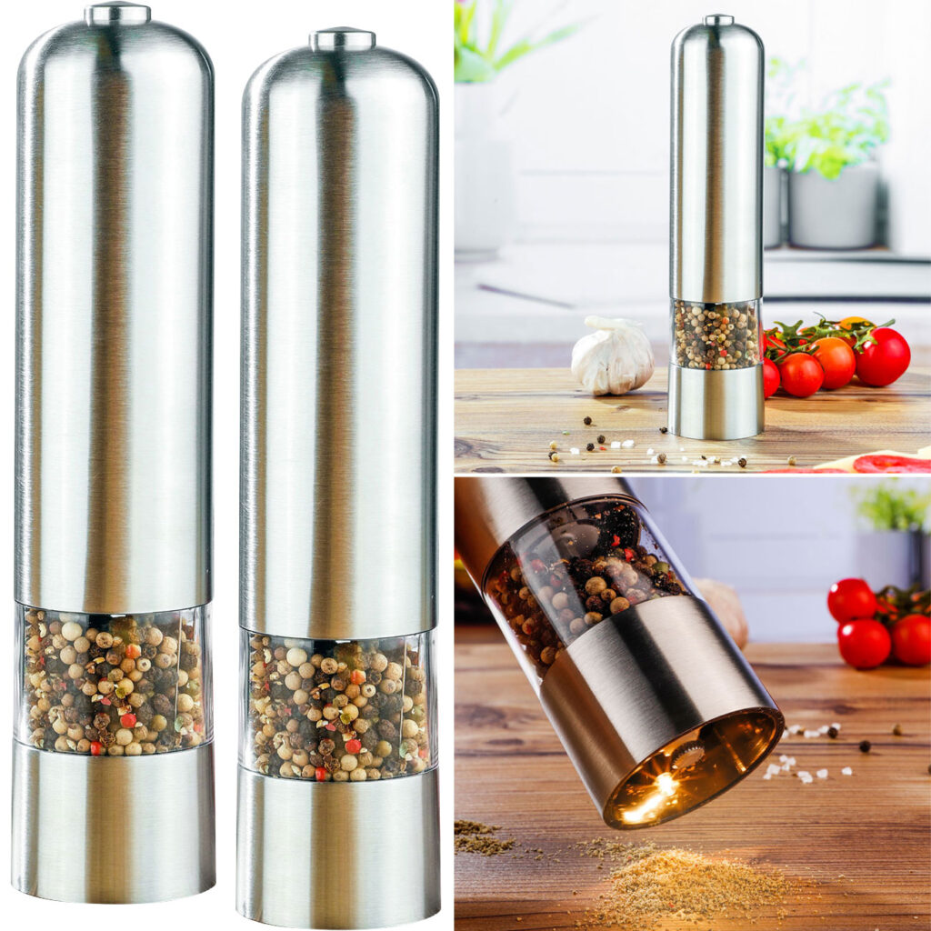 2er-Set Elektrische Salz und Pfeffermühle, Edelstahl, Keramikmahlwerk, Ø 5 cm x H 22,5 cm