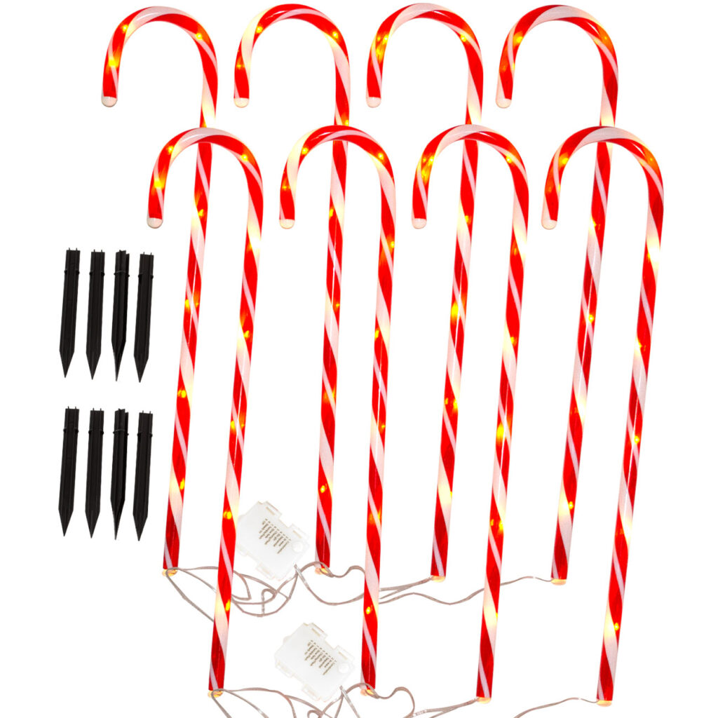 LED-Gartenstecker Zuckerstange, 8 Stück, rot-weiss, je H 74 cm