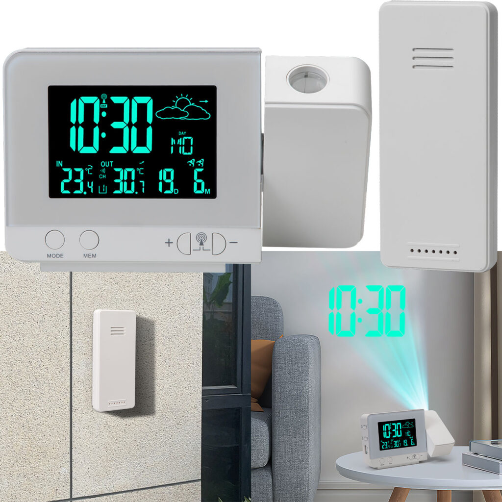 Projektions-Wecker mit Funk-Wetterstation, USB-Port, Aussensensor, weiss
