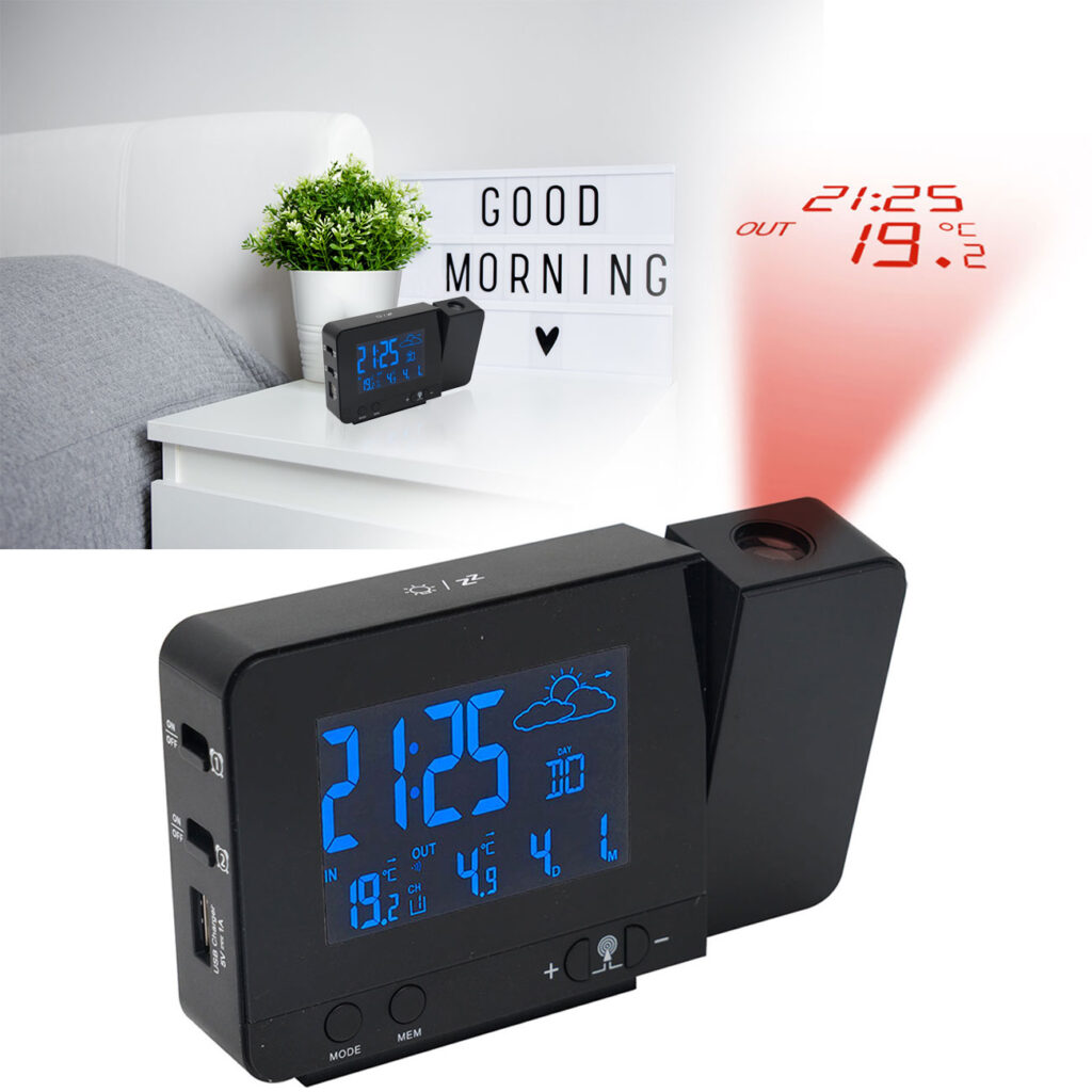 Projektions-Wecker mit Funk-Wetterstation, USB-Port, Aussensensor, schwarz