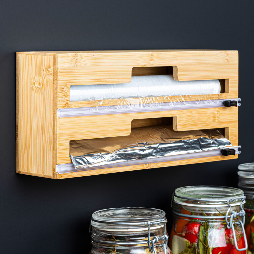 Praktischer Folienspender aus Bambus für 2 Rollen inkl. Folienschneider