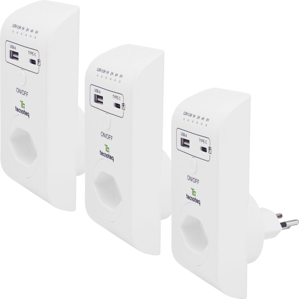 3er-Set Steckdose mit 2x USB-Ladeport, 3.1 A, Timer, Überspannungsschutz, Swiss-Edition