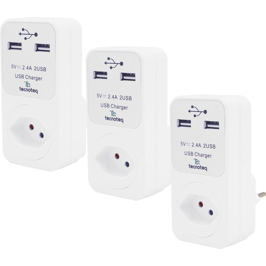 3er-Set Steckdose mit 2x USB-Ladeport 2.4A Überspannungsschutz, Swiss-Edition