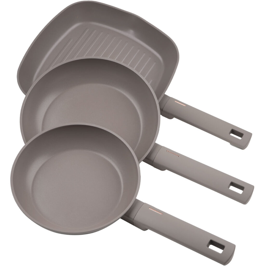 Design-Pfannen-Set, inkl. 2 Bratpfannen und 1 Grillpfanne, Ø 20/24/28 cm, taupe