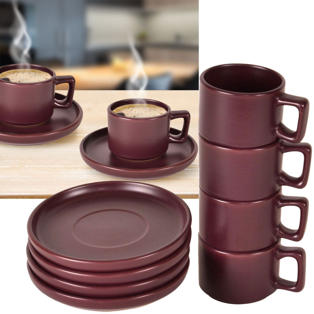 Design Espressotassen-Set aus Steingut, 4 Stück, bordeaux