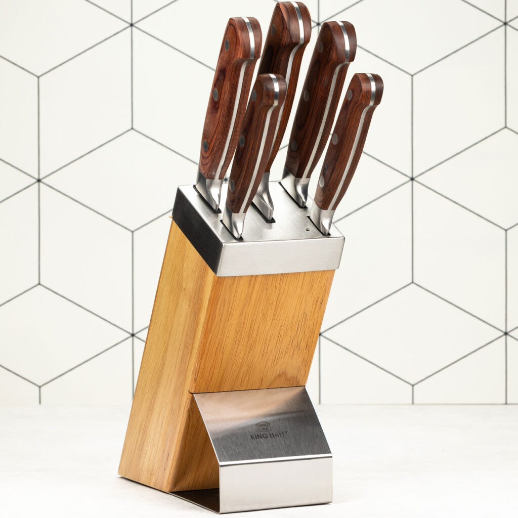 Edles Messerset mit Messerblock aus Holz und Edelstahl, 5 Stück