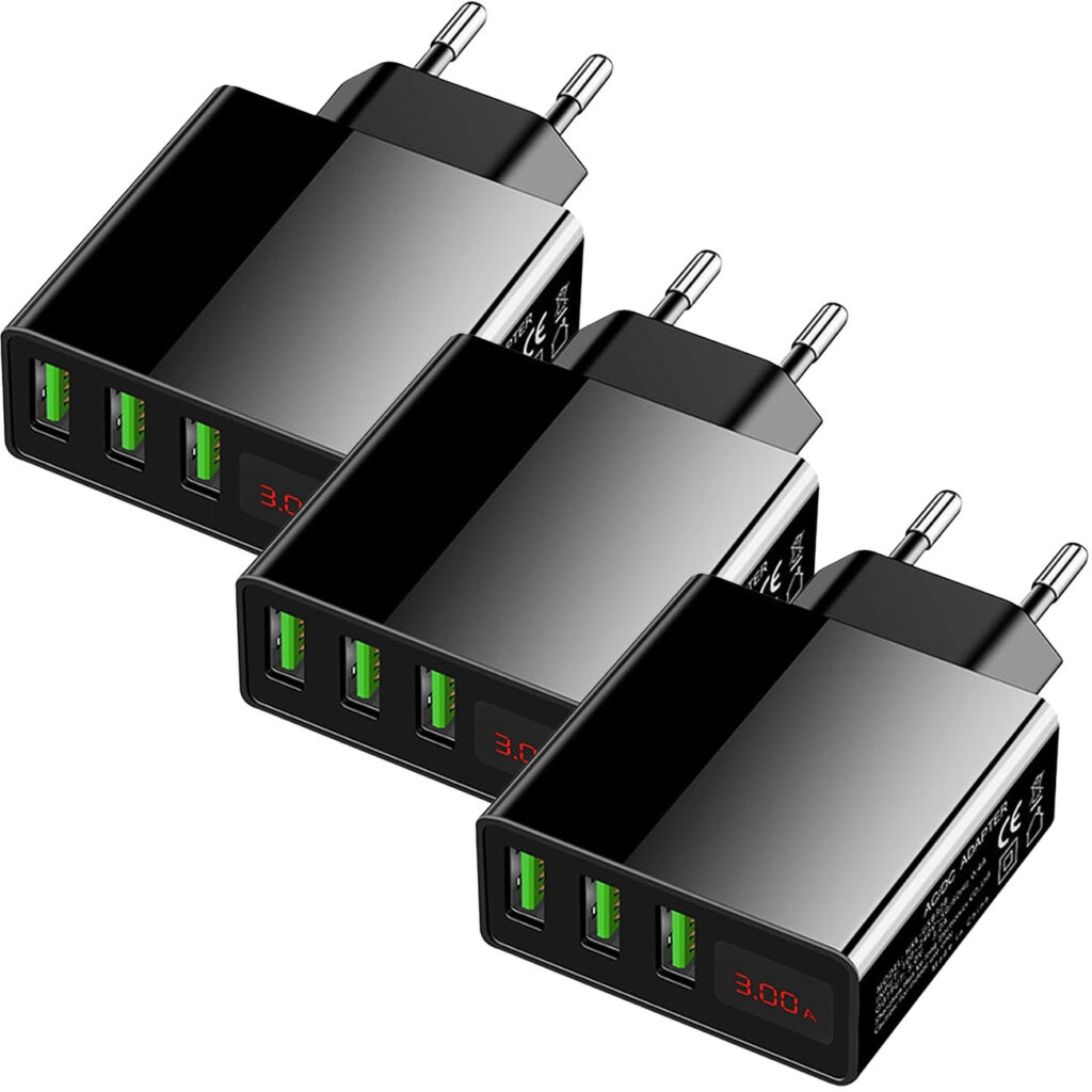 3er-Set Intelligentes 3-PortUSB-Netzteil mit LED-Anzeige, schwarz