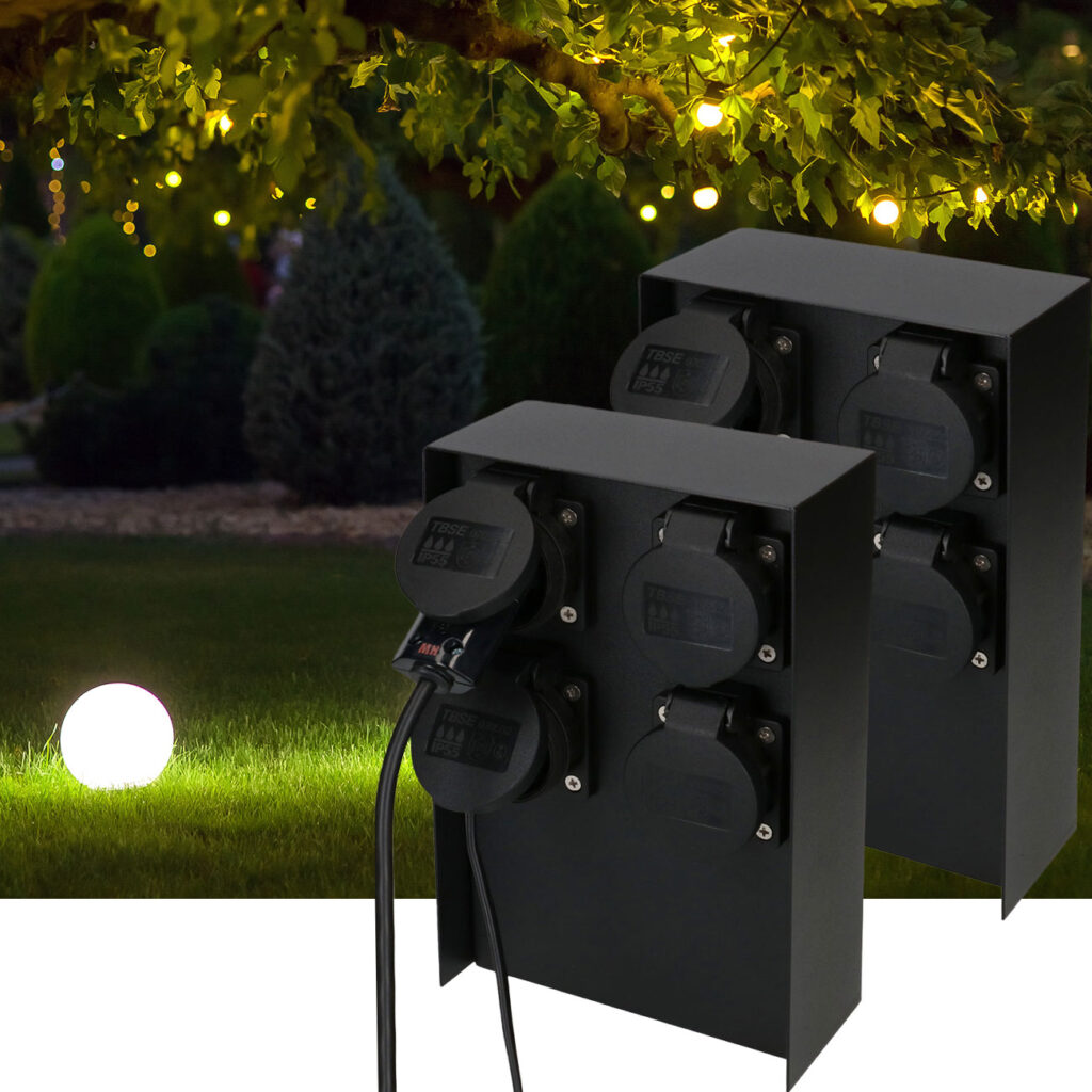 2er-Set Gartensteckdosensäule aus Stahl mit 4 Steckdosen Typ 13, IP55, schwarz