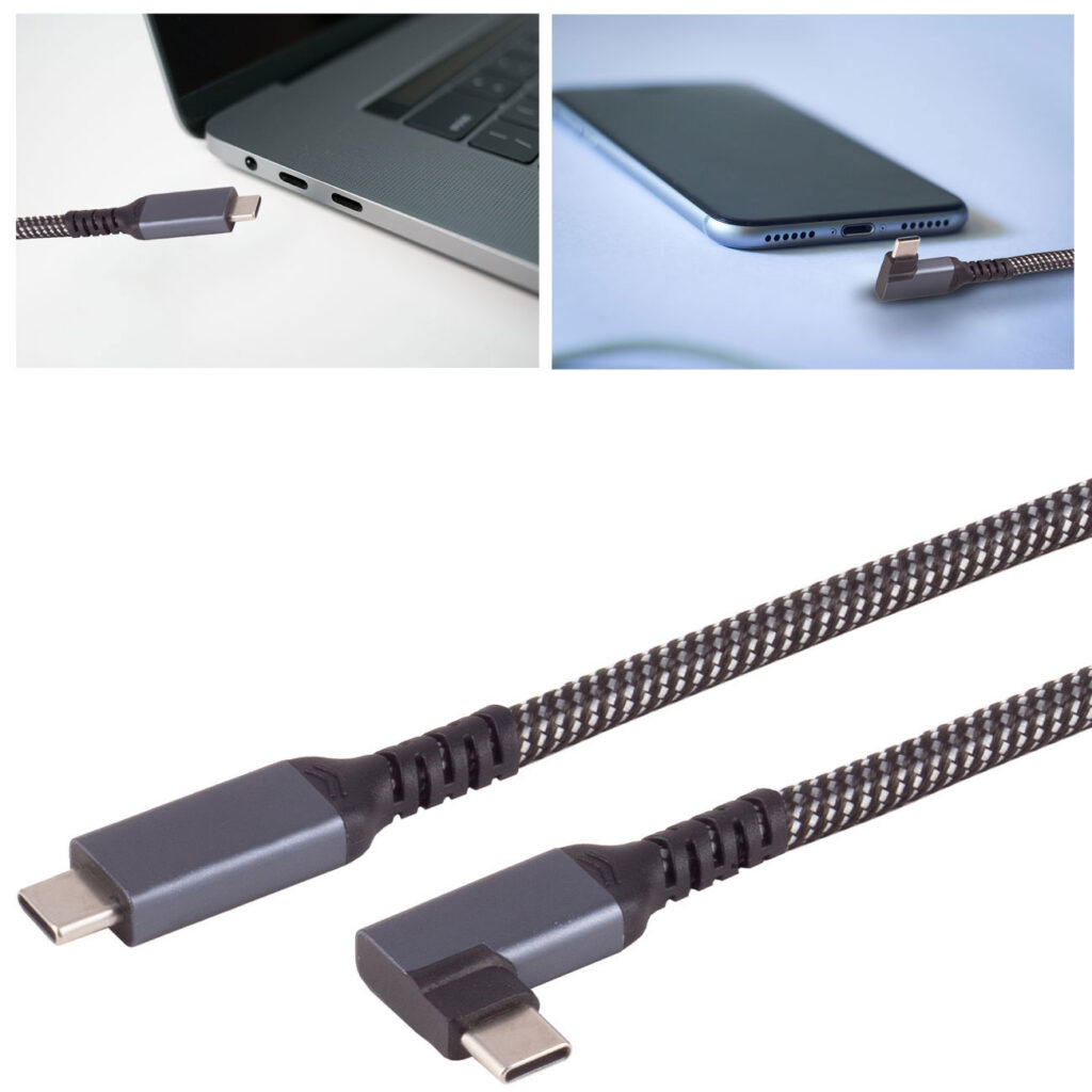 Schnellladekabel USB-C auf USB-C auf USB-C 90° Winkelstecker, schwarz/weiss, 2 m, textil