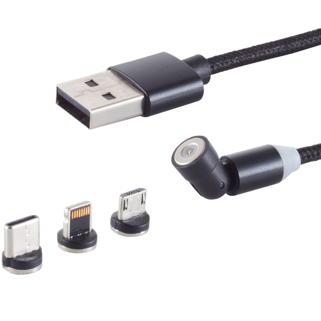 3in1 Magnet Ladekabel, USB-A auf USB Micro-B, USB-C & Lightning, schwarz, 2 m