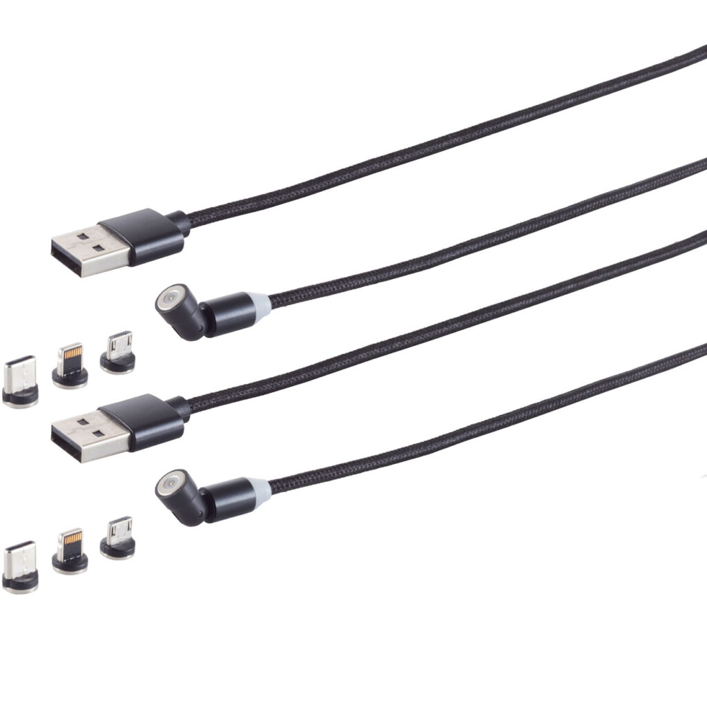 2er-Set 3in1 Magnet Ladekabel,USB-A auf USB Micro-B, USB-C & Lightning, schwarz, 2 m