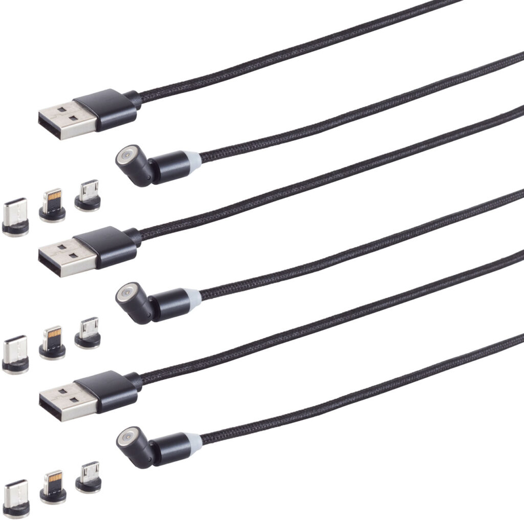 3er-Set 3in1 Magnet Ladekabel,USB-A auf USB Micro-B, USB-C & Lightning, schwarz, 2 m