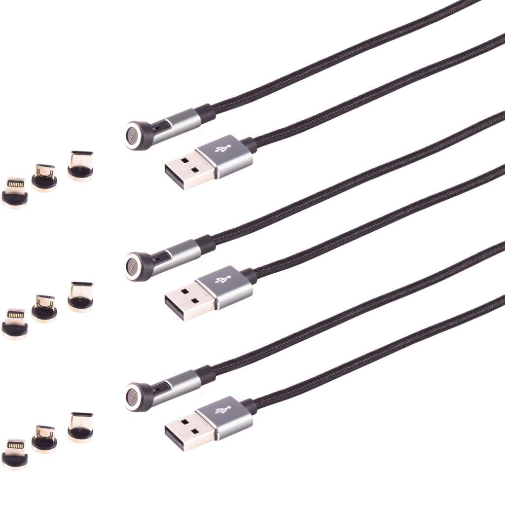 3er-Set 3in1 Magnet Daten- & Ladekabel, USB Micro-B, USB-C & Lightning, schwarz, 2 m