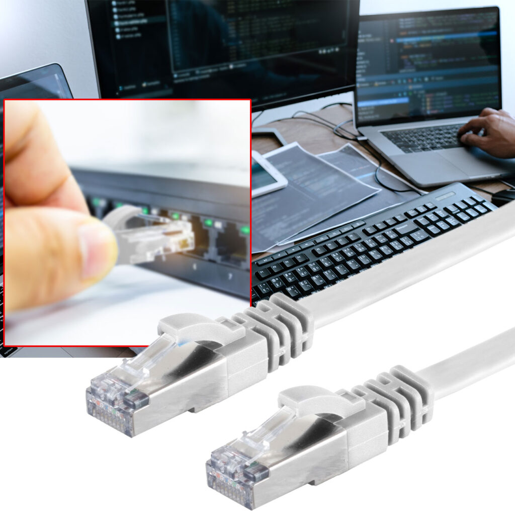 Netzwerkkabel Cat 7, Flachkabel, 2x RJ45 Stecker, weiss, 10m