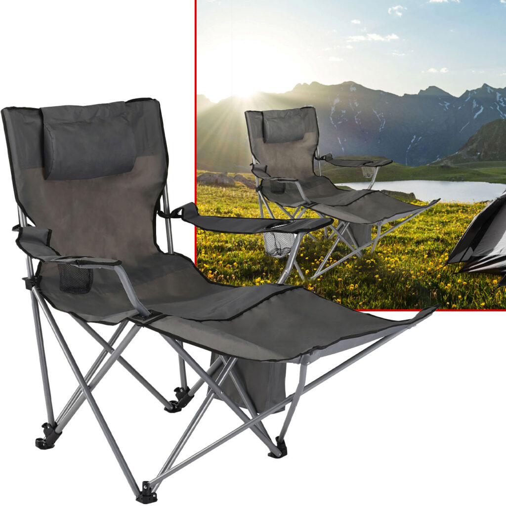 Luxuriöser Campingstuhl mit Kopf- & Fussstütze sowie Kühl- und Aufbewahrungstasche