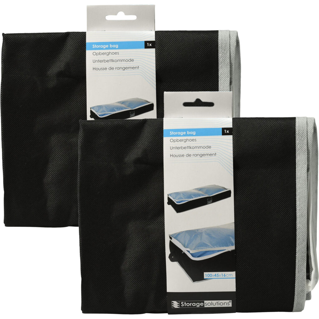 2er-Set Unterbettkommode mit Sichtfenster & Handgriff, 100 x 45 x 16 cm, schwarz