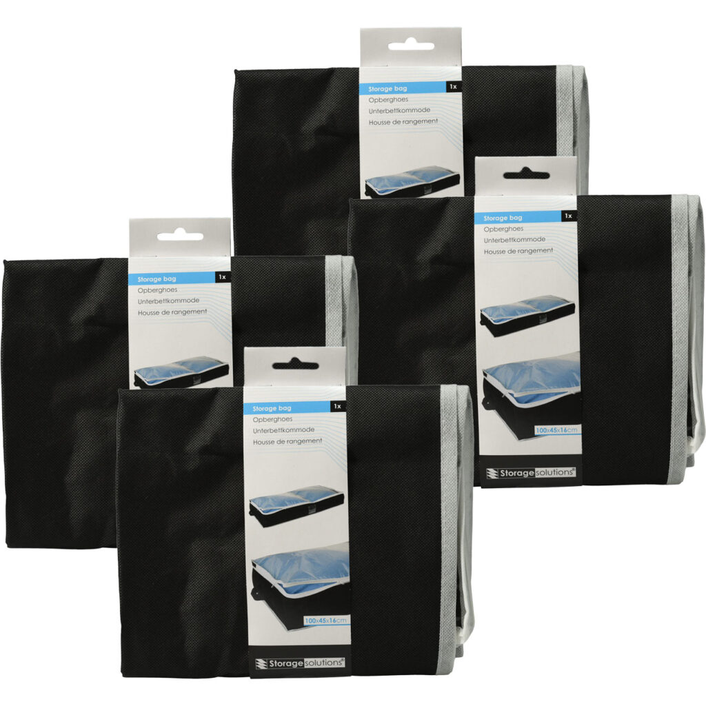 4er-Set Unterbettkommode mit Sichtfenster & Handgriff, 100 x 45 x 16 cm, schwarz