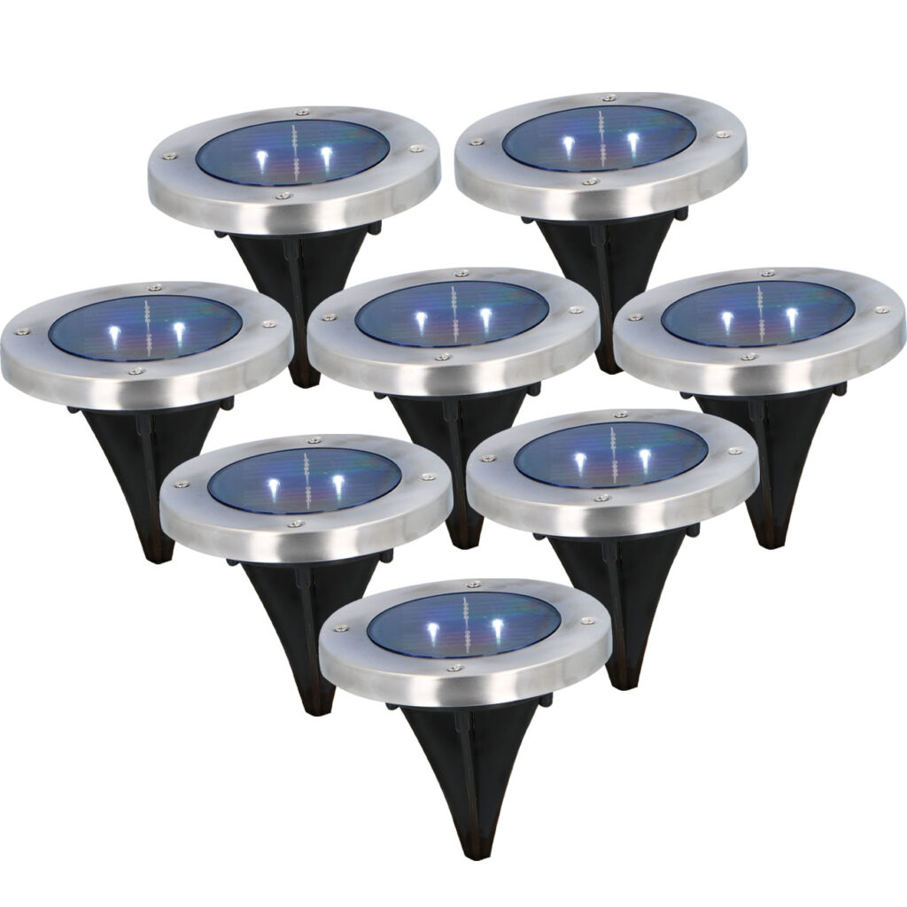 8er-Set Solar Bodenleuchte aus Edelstahl, mit Erdspiess, Ø 12 x 12 cm