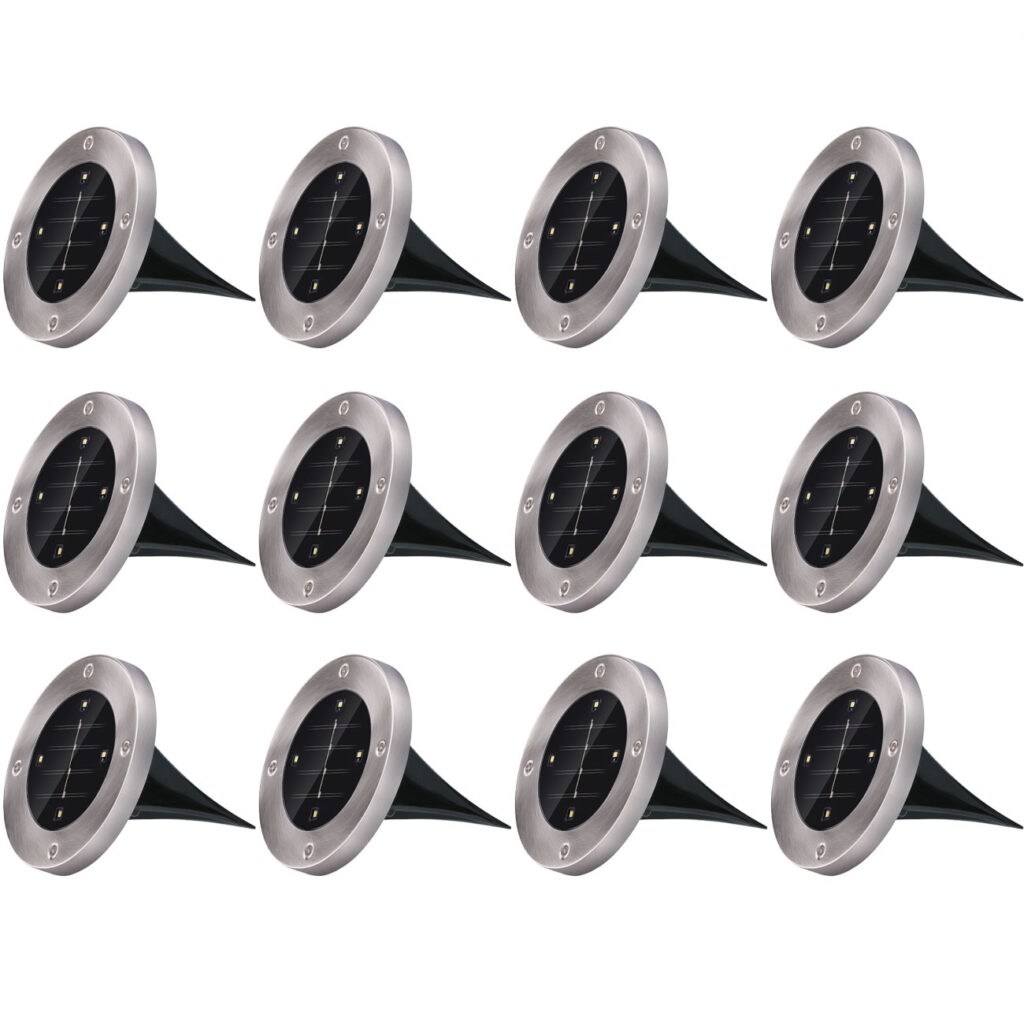 12er-Set Solar Bodenleuchte aus Edelstahl, mit Erdspiess, Ø 12 x 13 cm
