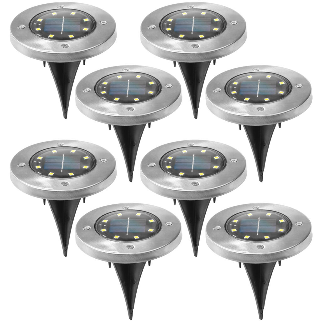 8er-Set, LED-Bodenleuchte, Solar, Edelstahl, je Ø 12 x H 14 cm, Wegeleuchte