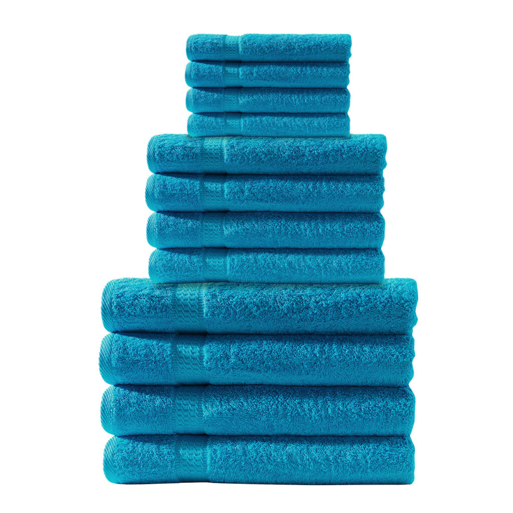 Handtuchset 12-teilig, je 4 Gäste-, Hand- und Duschtücher, 100% Baumwolle, türkis