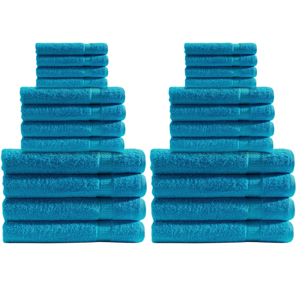 Handtuchset 24-teilig, je 8 Gäste-, Hand- und Badetücher, 100% Baumwolle, türkis