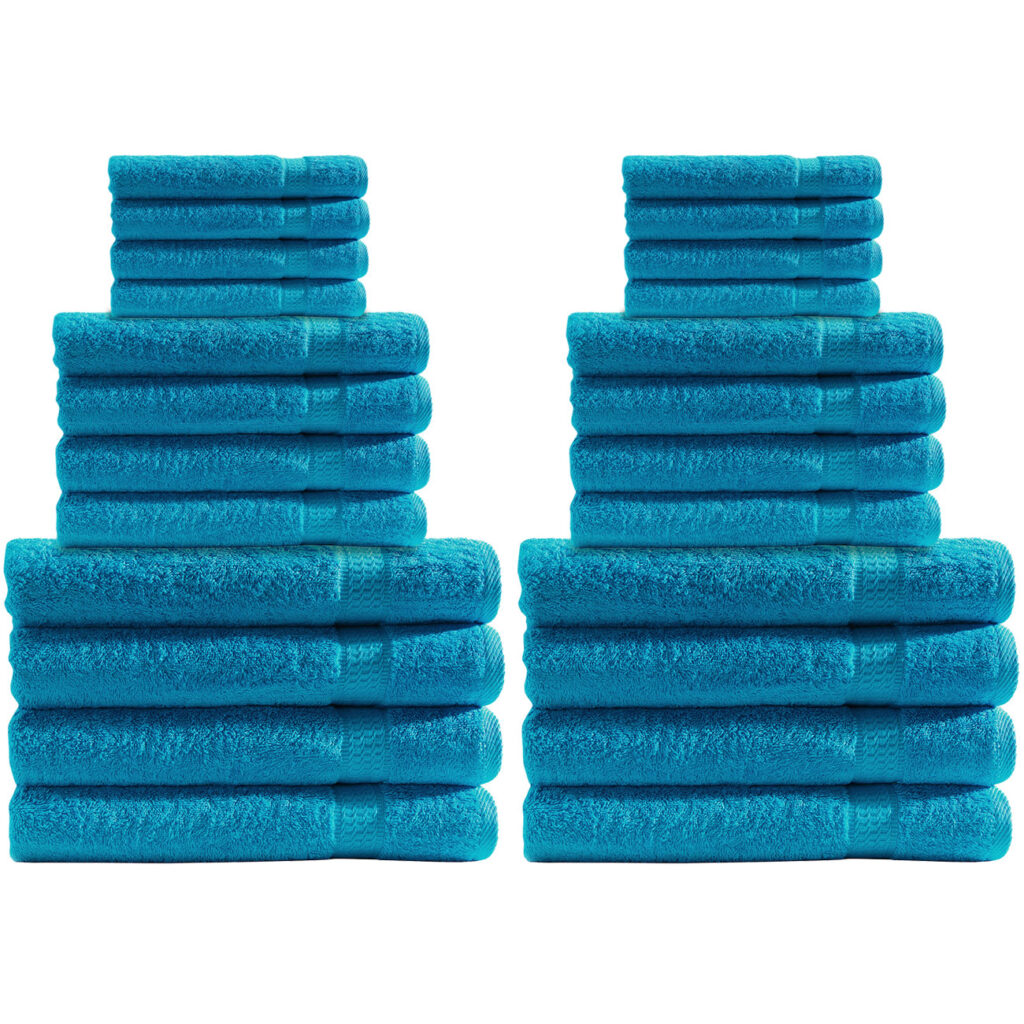 Handtuchset 24-teilig, je 8 Gäste-, Hand- und Duschtücher, 100% Baumwolle, türkis
