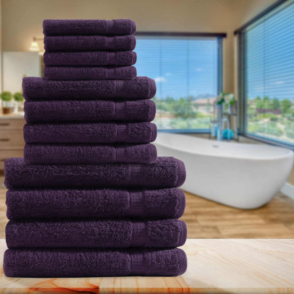 Handtuchset 12-teilig, je 4 Gäste-, Hand- und Duschtücher, 100% Baumwolle, aubergine