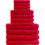 Handtuchset 12-teilig, je 4 Gäste-, Hand- und Badetücher, 100% Baumwolle, rot