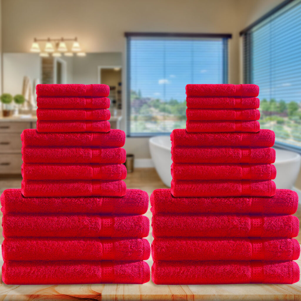 Handtuchset 24-teilig, je 8 Gäste-, Hand- und Badetücher, 100% Baumwolle, rot
