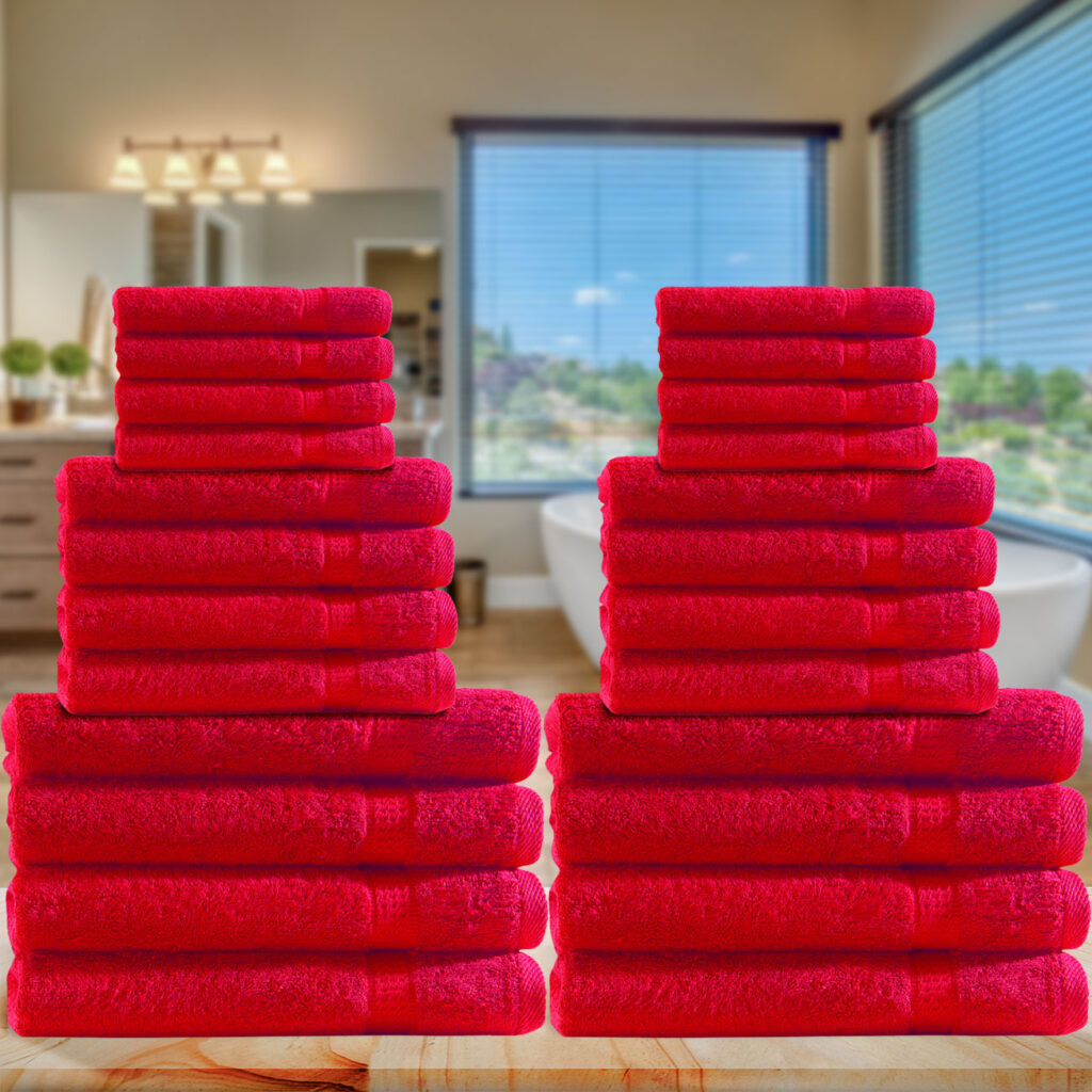 Handtuchset 24-teilig, je 8 Gäste-, Hand- und Duschtücher, 100% Baumwolle, rot
