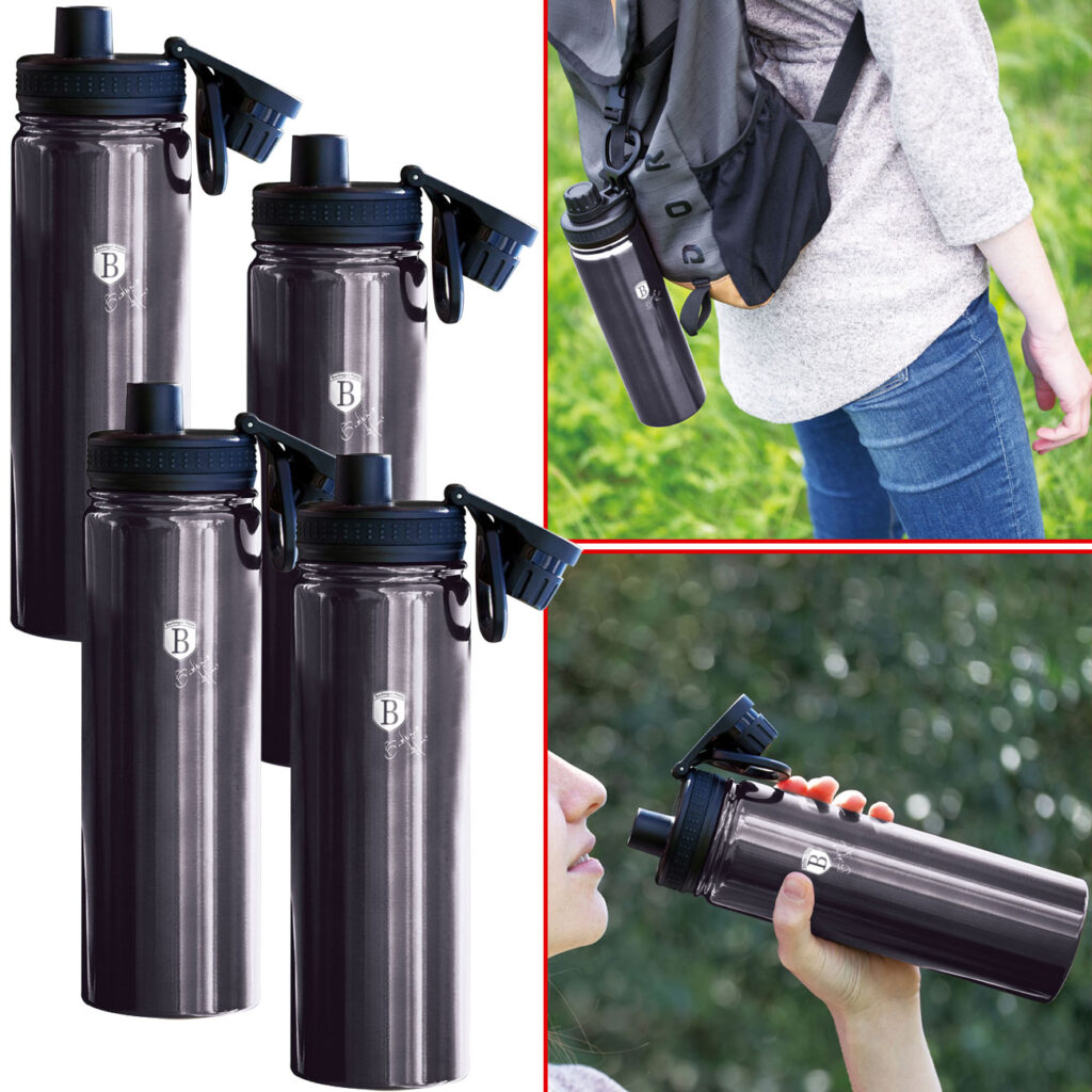 4er-Set Trinkflasche, Sportflasche, je 540 ml, Edelstahl, Farbe Metallic-Dunkelgrau