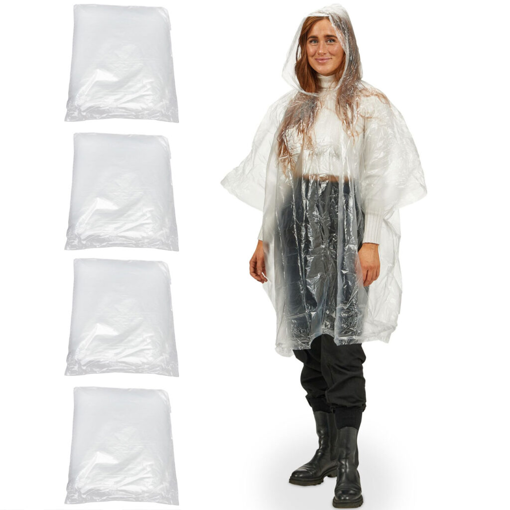 4er-Set Notfall Regenponcho mit Kapuze und Ärmeln, transparent, ca. 120cm