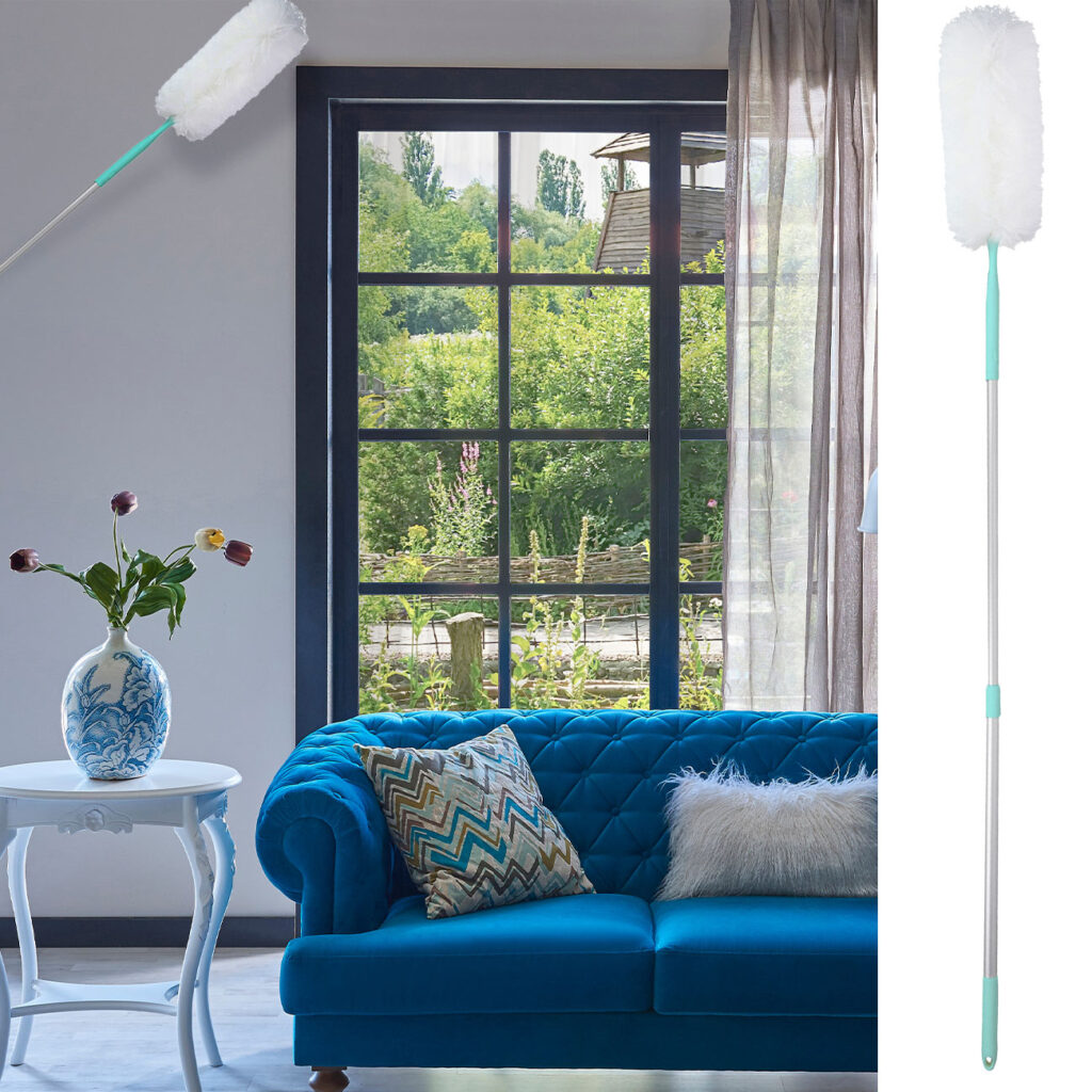 Staubwedel mit Teleskop-Griff aus Aluminium, 115 – 160 cm, weiss/blau