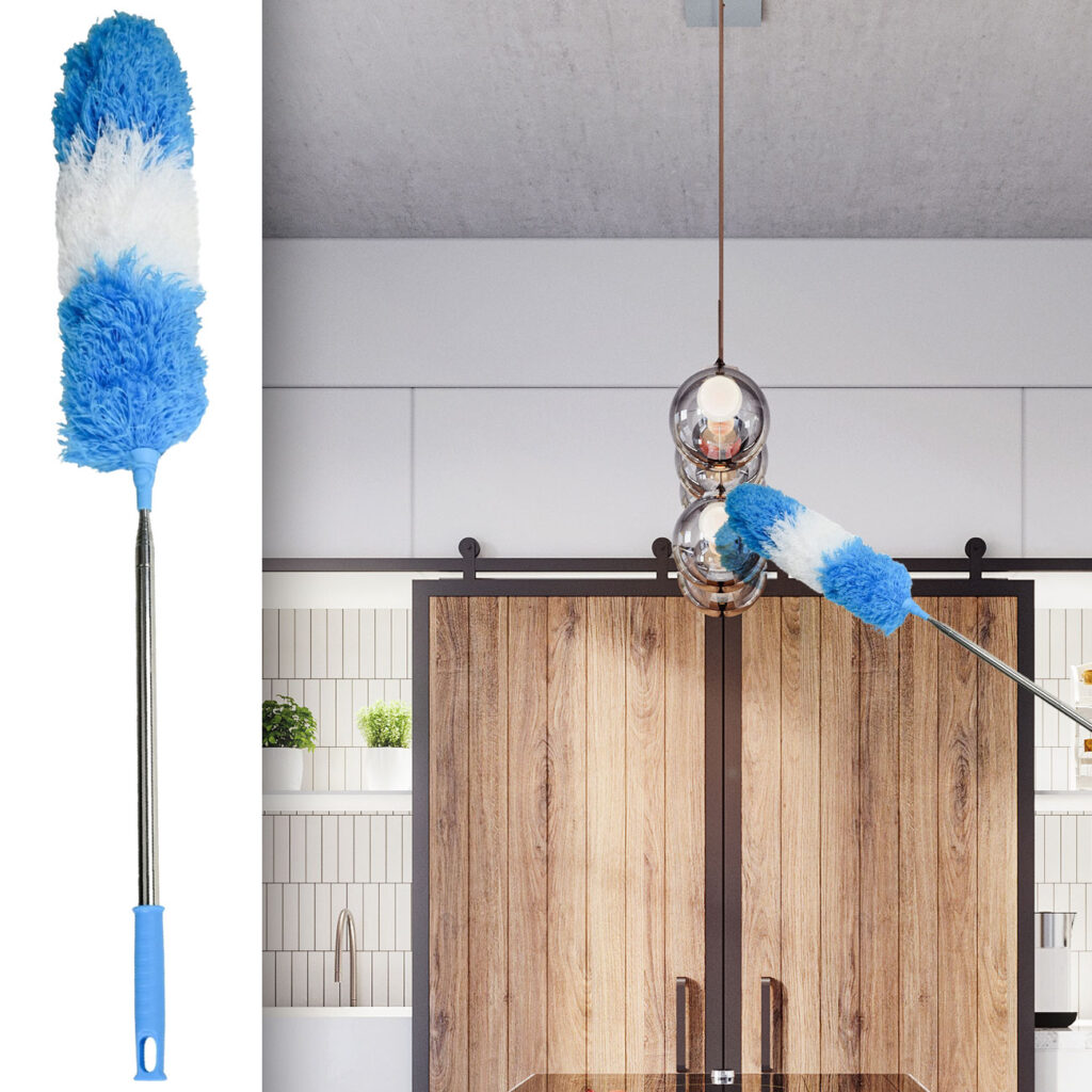 Staubwedel mit Teleskop-Griff aus Edelstahl, 78 – 248 cm, blau/weiss