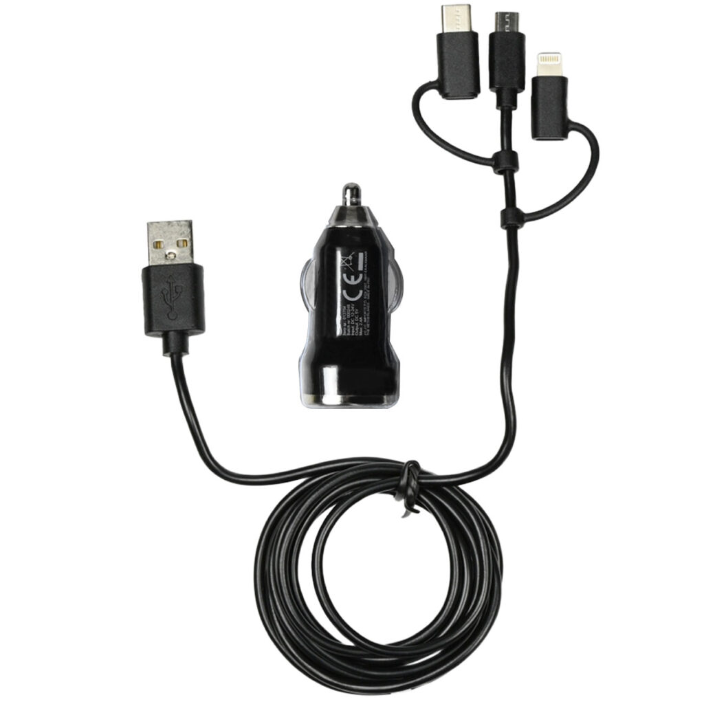 3in1 Kfz-Ladegerät mit USB-C, Micro-USB & Lightning Anschlüssen, schwarz