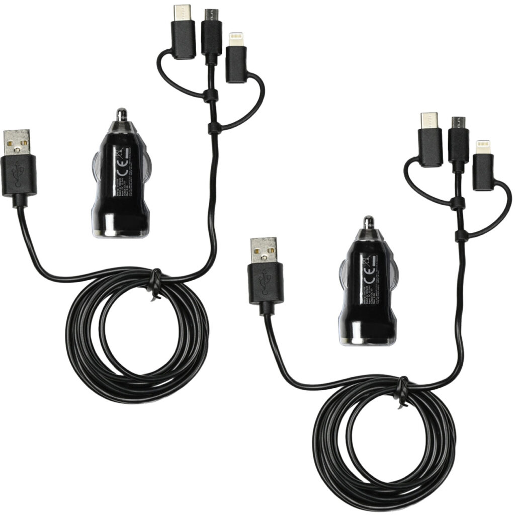 2er-Set 3in1 Kfz-Ladegerät mit USB-C, Micro-USB & Lightning Anschlüssen, schwarz