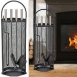 Kaminbesteck 4-teilig, Kamingarnitur inkl. Ständer, schwarz