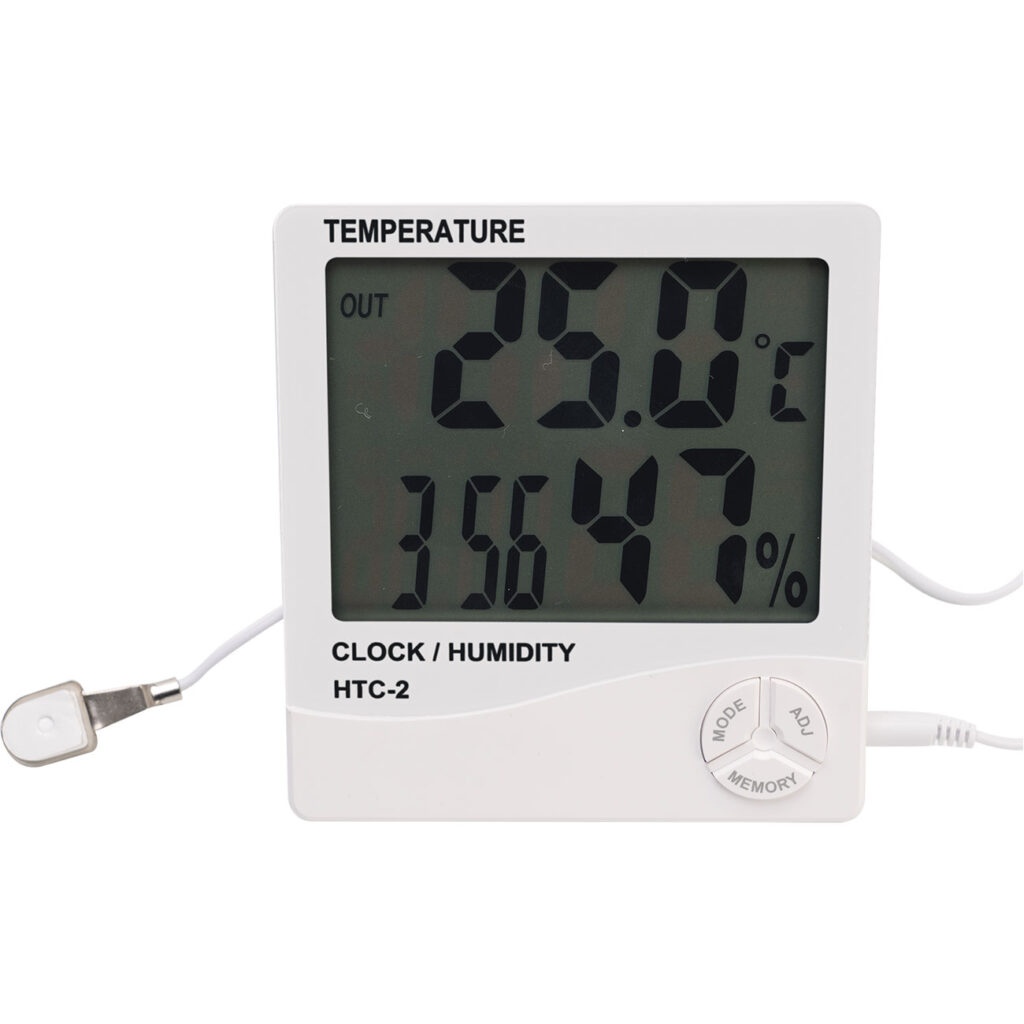 Digitales Hygrometer und Thermometer mit Aussenfühler, Uhr und Wecker