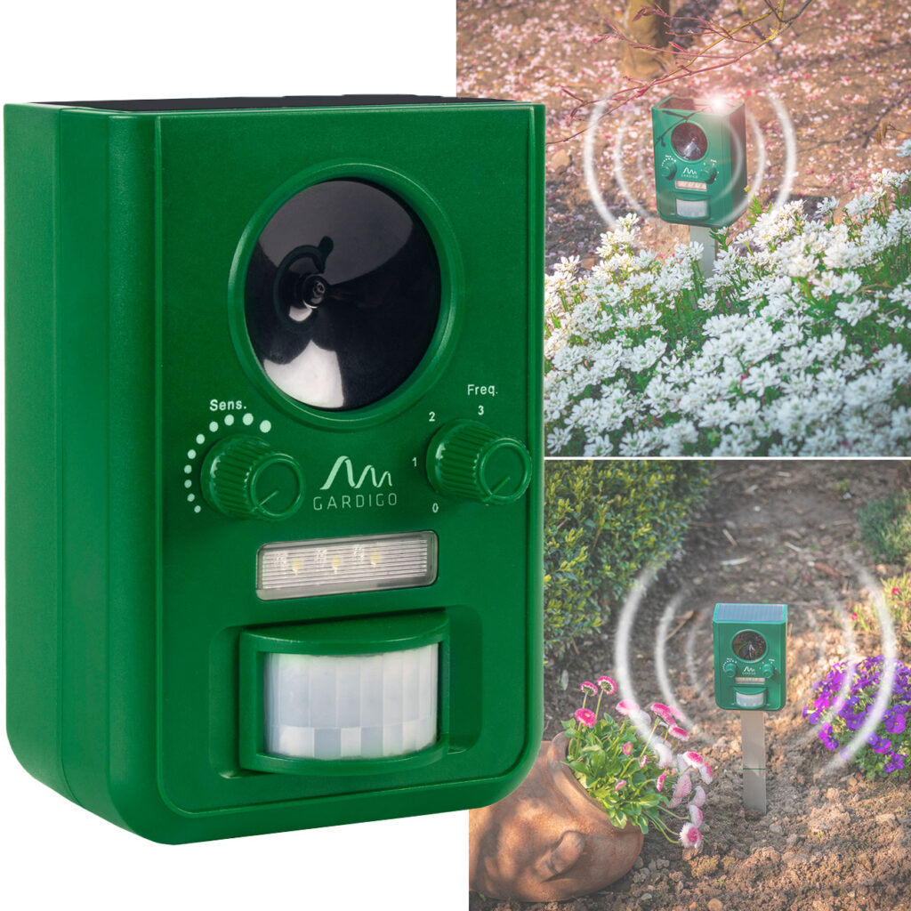 Universal-Tiervertreiber, solarbetrieben, Ultraschall und LED-Blitzlicht