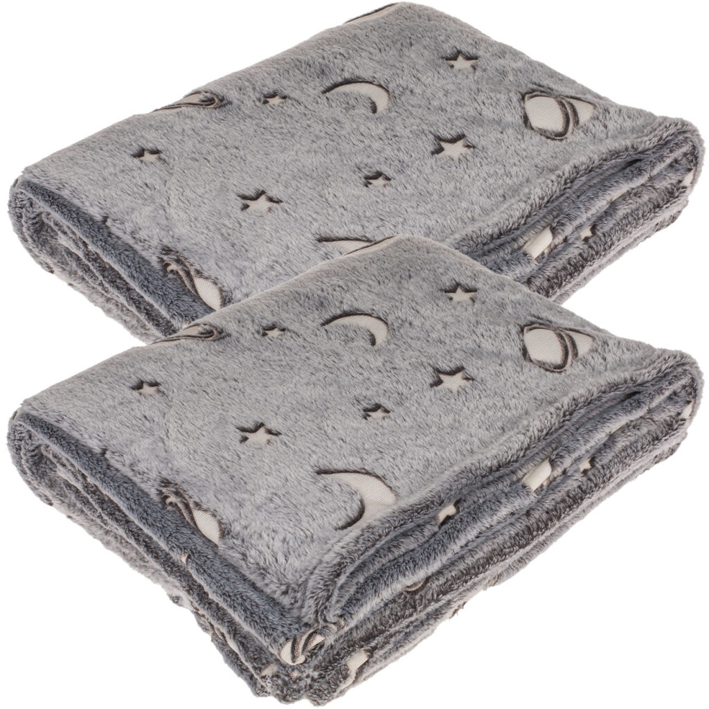2er-Set Kuscheldecke aus Fleece mit Leuchtplaneten, 173 x 135 cm, grau