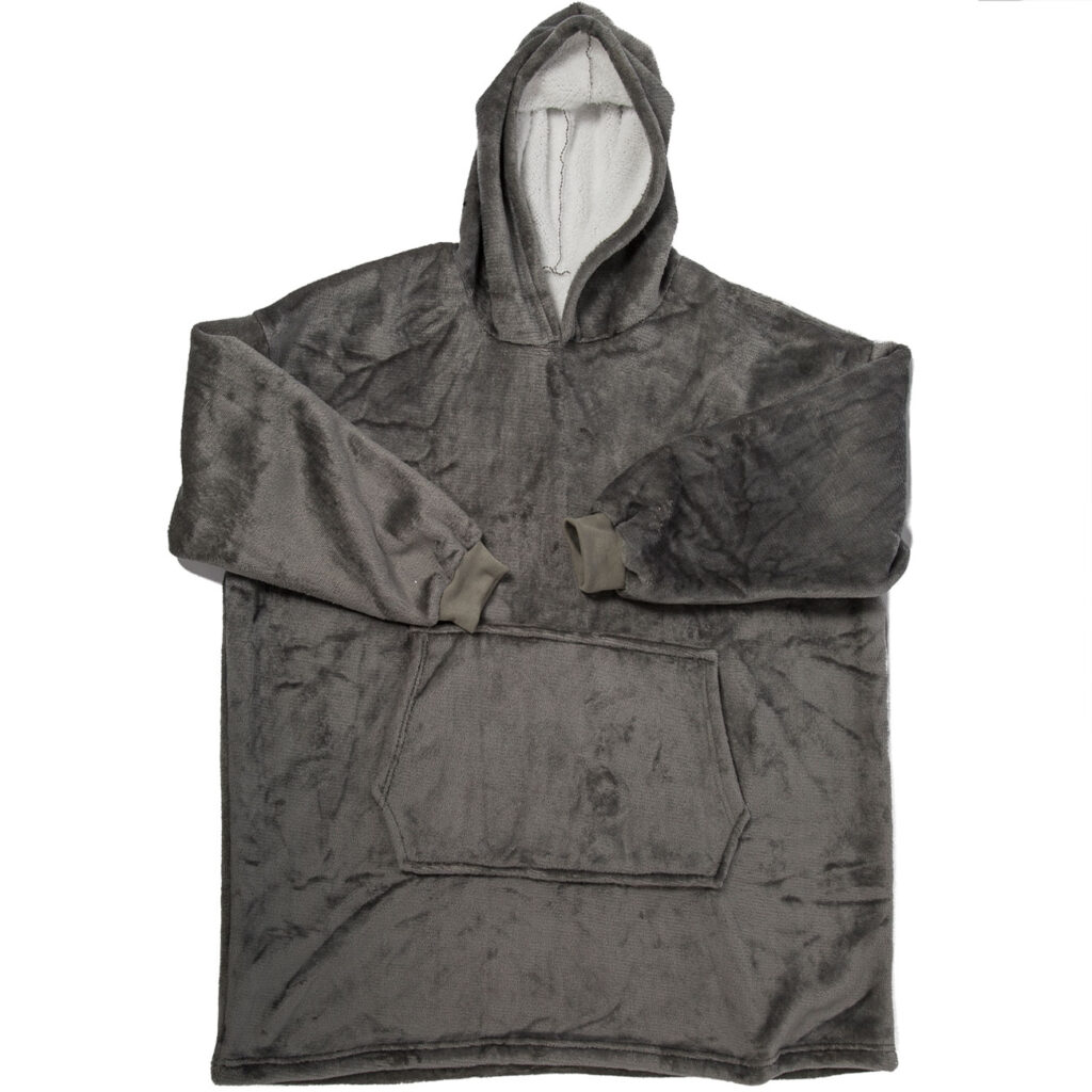 XXL Kuscheldecke mit Ärmeln, Kapuze & Bauchtasche, grau
