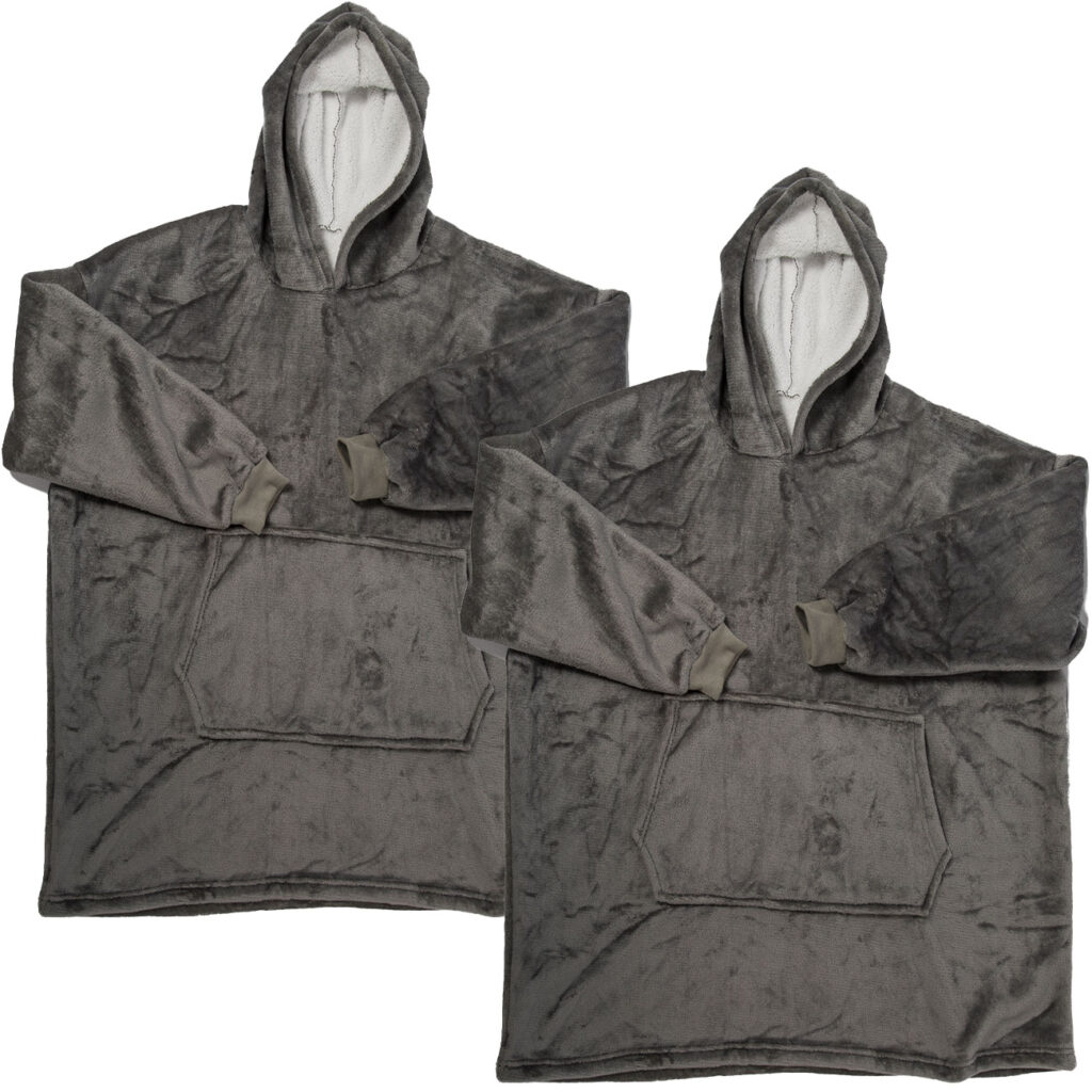 2er-Set XXL Kuscheldecke mit Ärmeln, Kapuze & Bauchtasche, grau