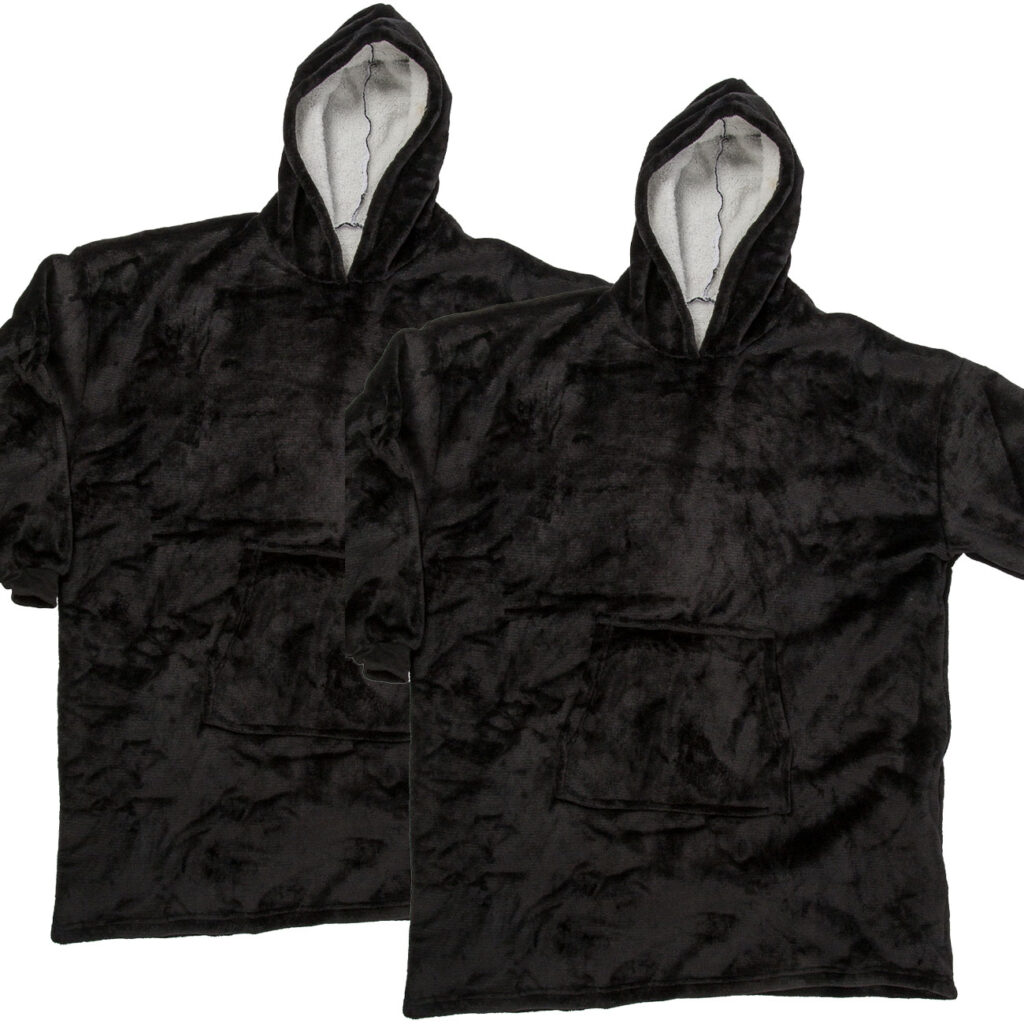 2er-Set XXL Kuscheldecke mit Ärmeln, Kapuze & Bauchtasche, schwarz