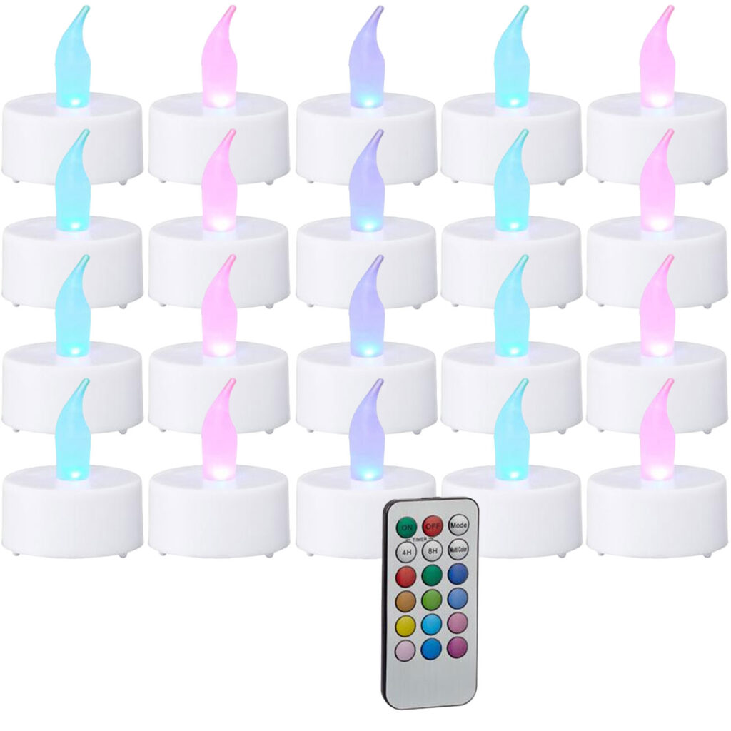 LED-Teelicht-Set, 20 Stück, bunt, inkl. Fernbedienung und 4/8h Timer, Ø 4cm